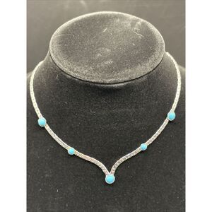 Sarah Coventry Summer Skies Necklace Silver Tone Faux Turquoise V Boho Vintage